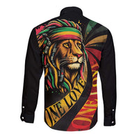 Long sleeve button-up shirt, black with lion portrait and colorful One Love back print