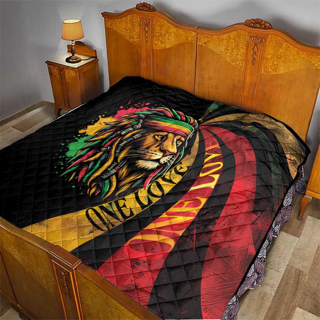 Black quilt on bed with colorful lion portrait and visible “ONE LOVE” text.