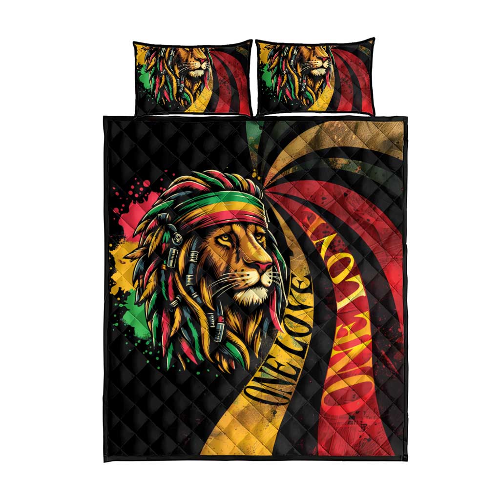 Rasta lion quilt bed set, black quilt with red/yellow/green lion panel and 2 pillow covers