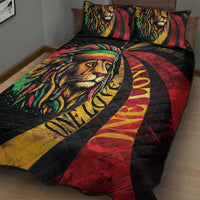 Rasta lion quilt bed set with bold lion face artwork on black quilt, red/yellow/green accents