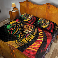 Rasta lion quilt bed set, black quilt with lion graphic, red and yellow stripes, 2 pillow covers