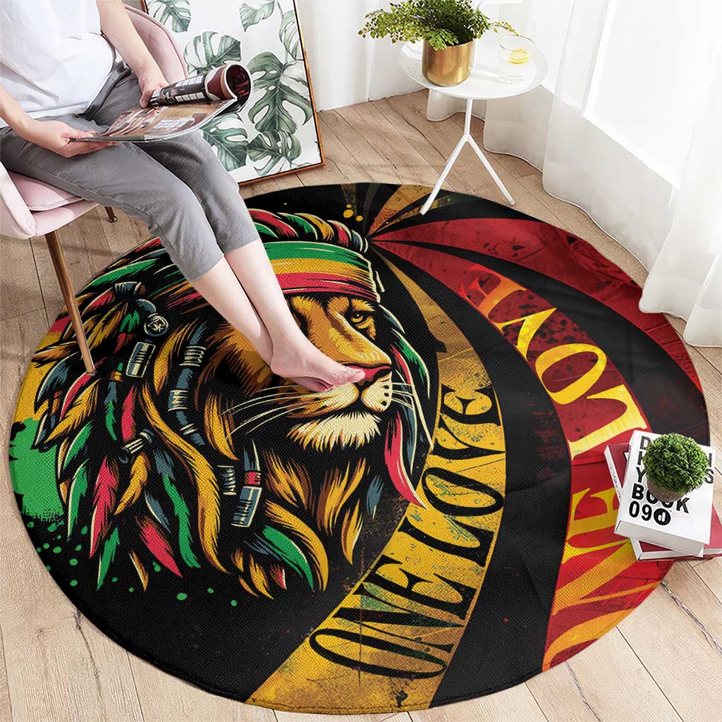 Round carpet with lion face graphic and 'One Love' text in red, yellow, green