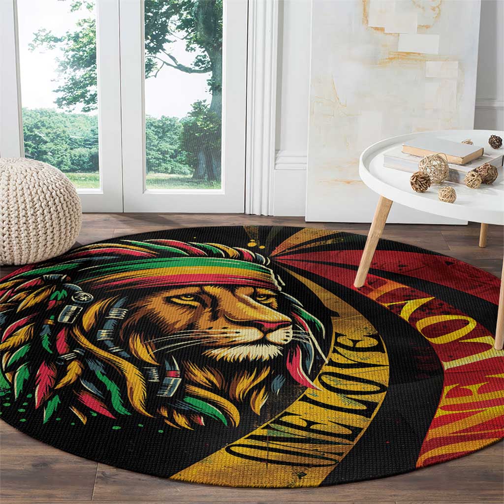 Round lion graphic carpet with red and gold 'One Love' text over black