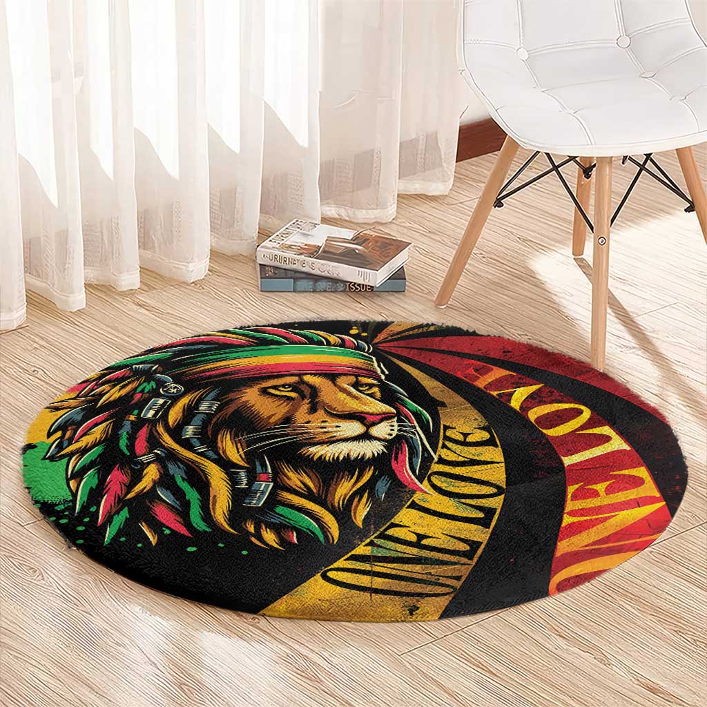 Round lion graphic carpet with lion face and 'One Love' text in reggae colors