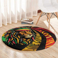 Round lion graphic carpet with lion face and 'One Love' text in reggae colors
