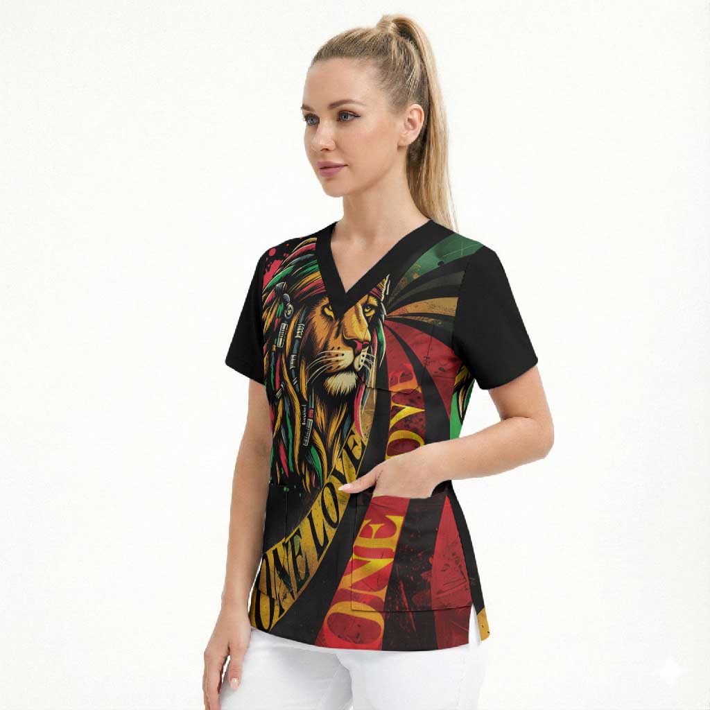 Black Jamaican Scrub Top Rastafarian Lion One Love