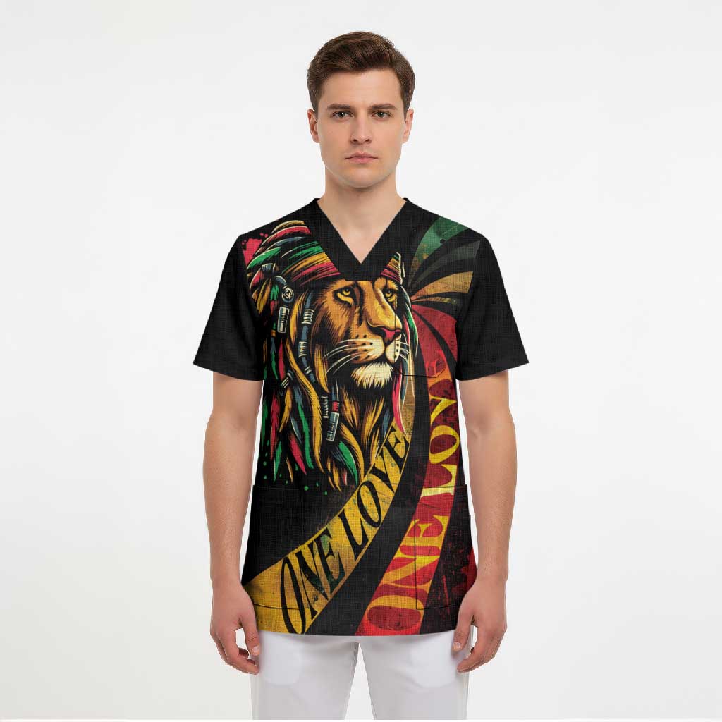 Black Jamaican Scrub Top Rastafarian Lion One Love