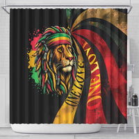 Black shower curtain featuring lion artwork with red, gold, and green arc design