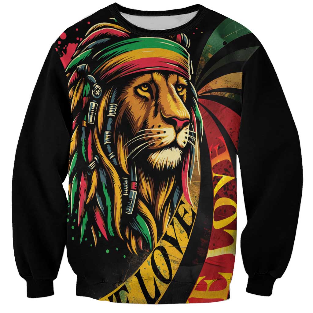 Unisex black crewneck sweatshirt with colorful lion graphic, long sleeves and rib cuffs.