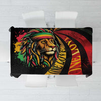 Square tablecloth with lion portrait and colorful reggae stripes, black base