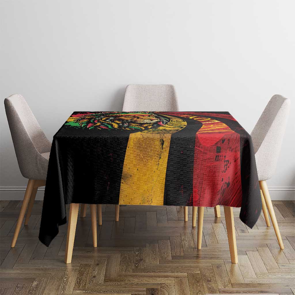 Square tablecloth with lion art, red and gold vertical stripe, on dark fabric