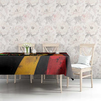 Rectangular tablecloth with lion portrait, black background, and red and gold panels