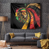 Rastafarian lion tapestry with multicolor headdress and bold red-yellow graphic backdrop