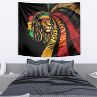 Rastafarian lion wall tapestry with black base, rainbow headdress, and red arc accents