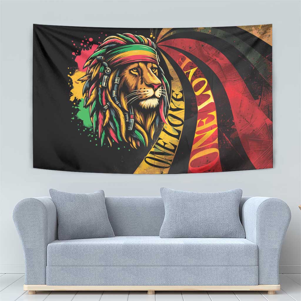 Large Rastafarian lion tapestry with rainbow headdress, red circular design, and gold highlights