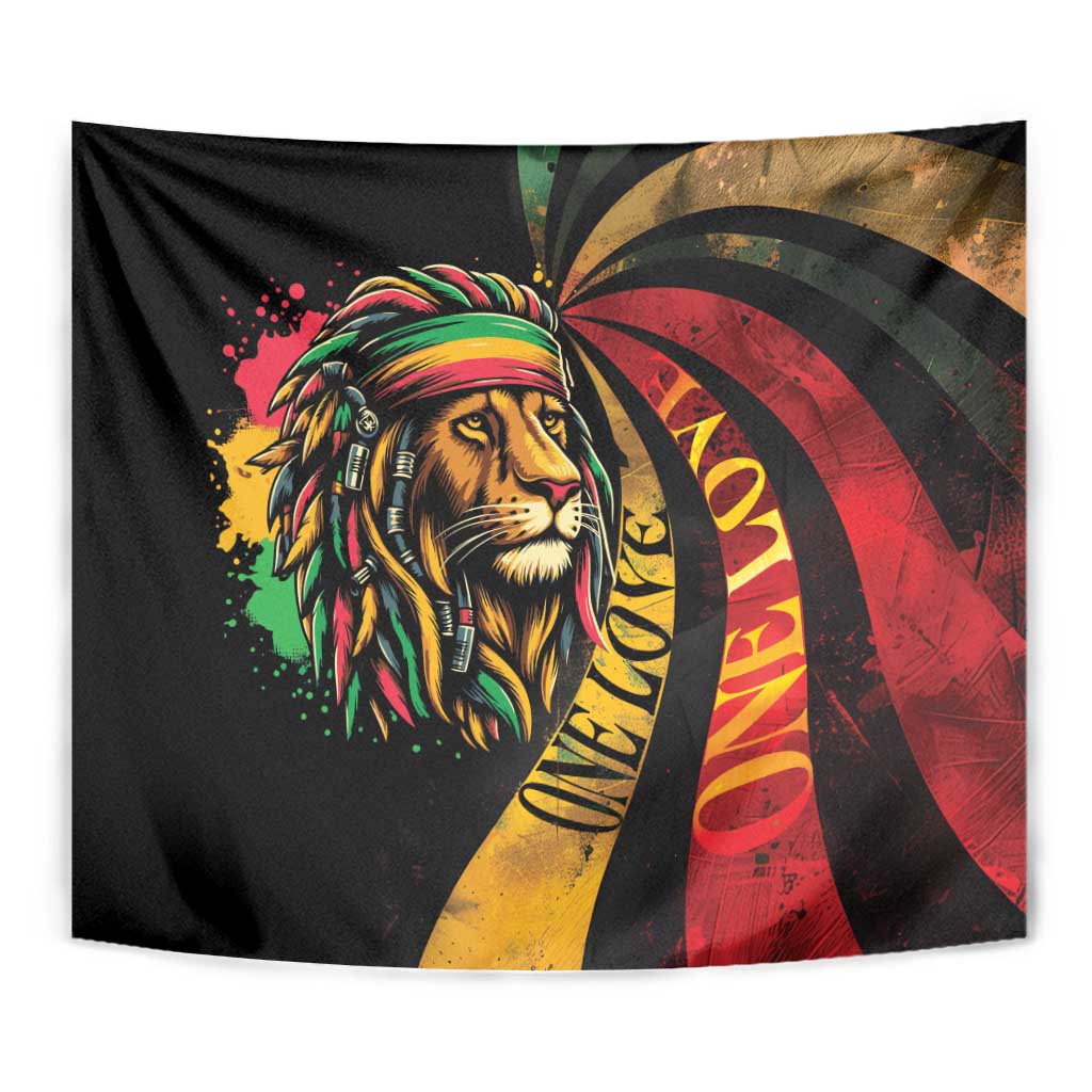 Close-up Rastafarian lion tapestry showing rainbow headdress with red-yellow radial artwork