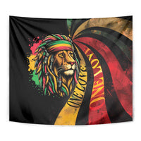 Close-up Rastafarian lion tapestry showing rainbow headdress with red-yellow radial artwork