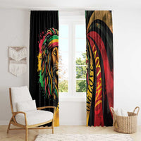 Lion portrait curtain panels with multicolor Rastafarian graphic on dark fabric