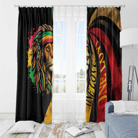 Lion window curtain set with black panel, multicolor lion artwork, and sheer center curtain