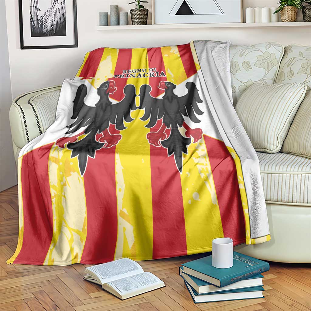 Trinacria blanket with white base, red/yellow stripes and black bird emblem