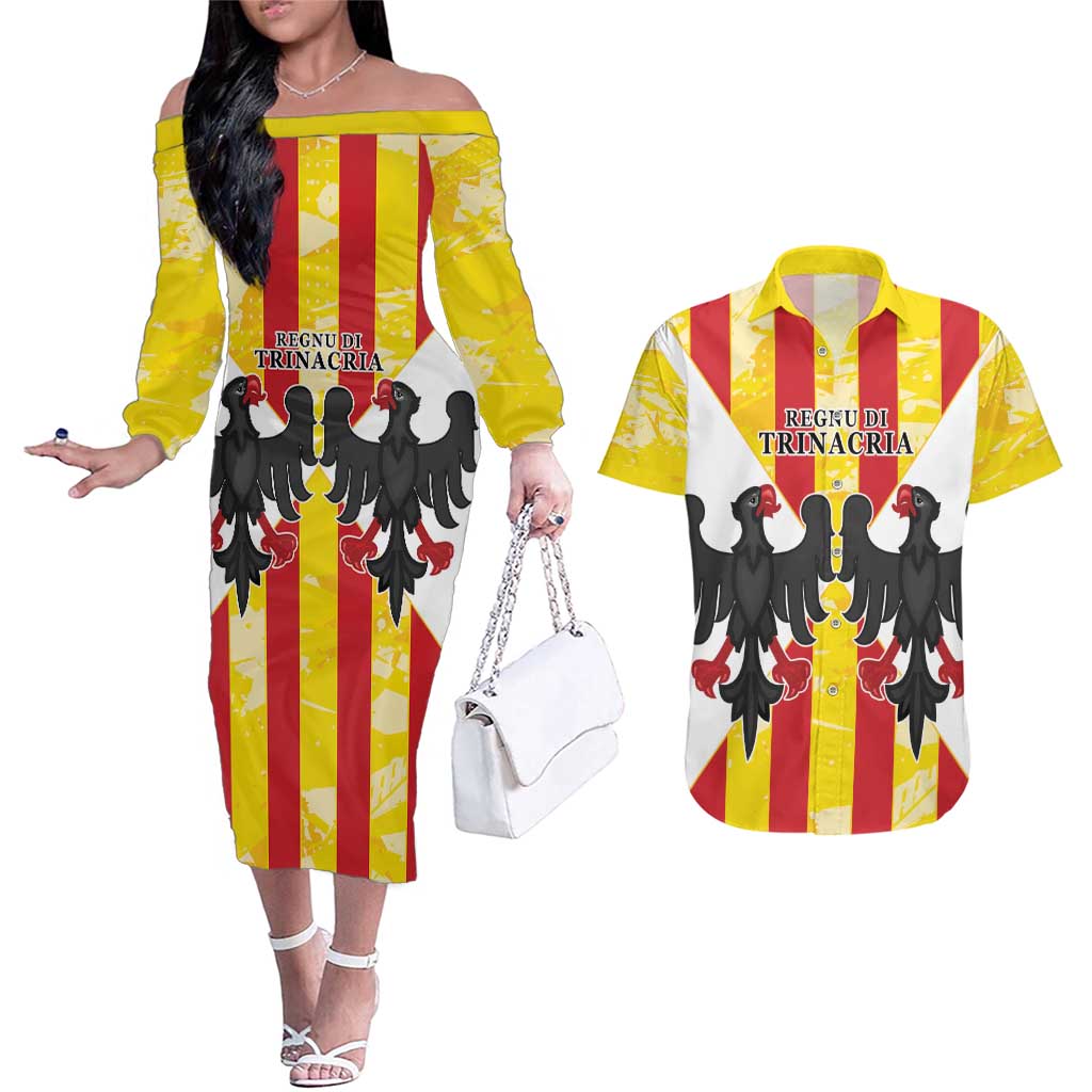 Kingdom of Trinacria Couples Matching Off The Shoulder Long Sleeve Dress and Hawaiian Shirt Est 1282 Animus Tuus Dominus LT9 - Wonder Print Shop