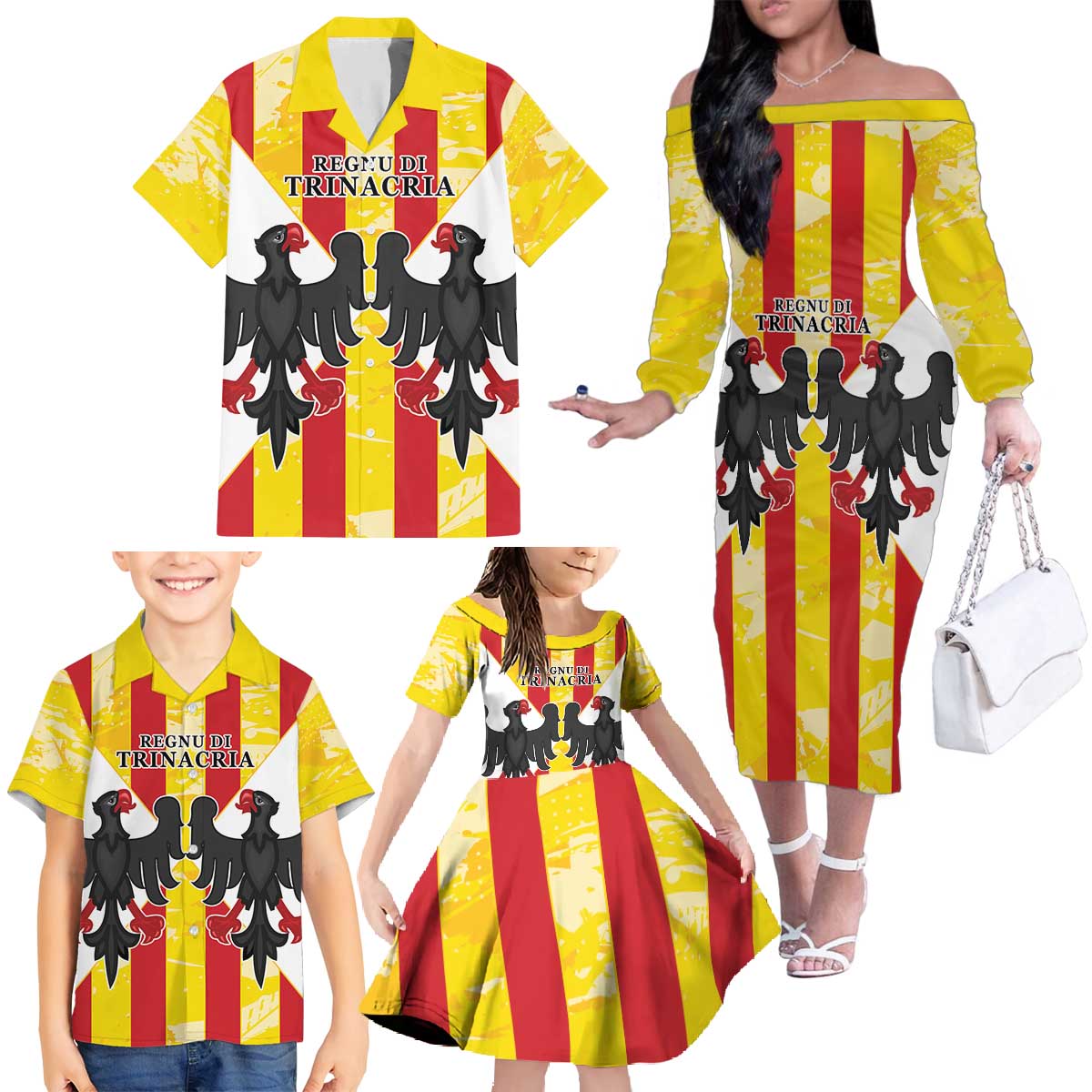 Kingdom of Trinacria Family Matching Off The Shoulder Long Sleeve Dress and Hawaiian Shirt Est 1282 Animus Tuus Dominus - Wonder Print Shop