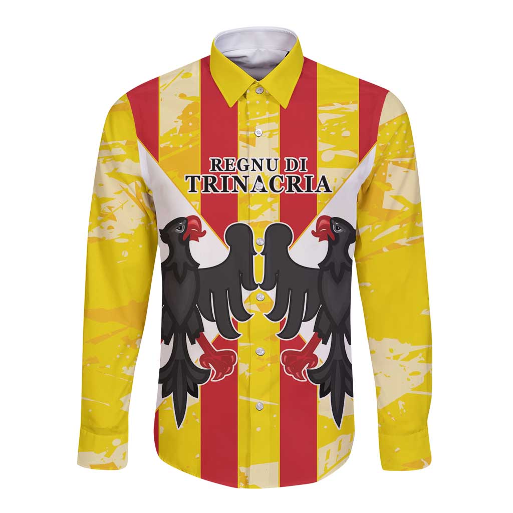 Long sleeve button shirt with yellow, red, and white vertical stripes; black birds graphic