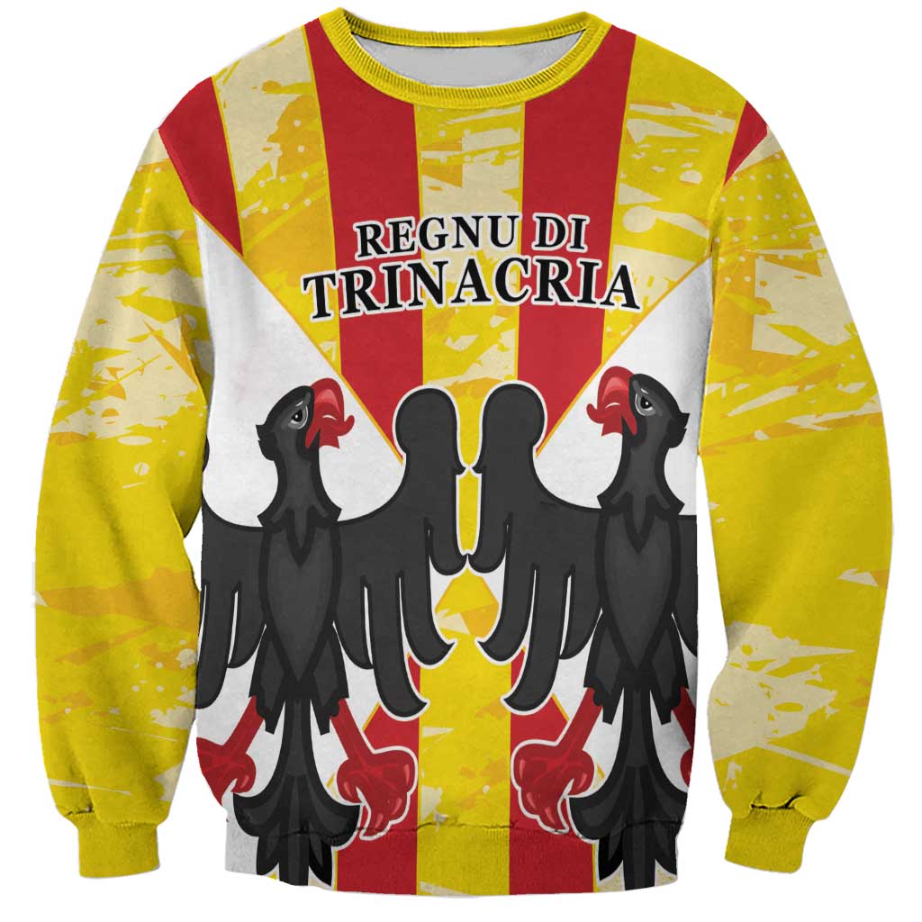 Unisex white sweatshirt with red-yellow graphic and black bird figures, long sleeves