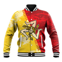 Two-tone gold and red baseball jacket with Sicilian eagle graphic, striped trim, snap buttons