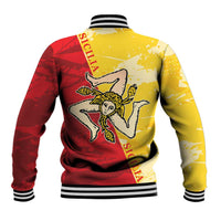 Gold and red baseball jacket back view with Sicilian eagle and 'Sicilia' patches, striped cuffs