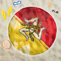 Round Sicilian flag beach blanket, yellow and red graphic with white fringe border