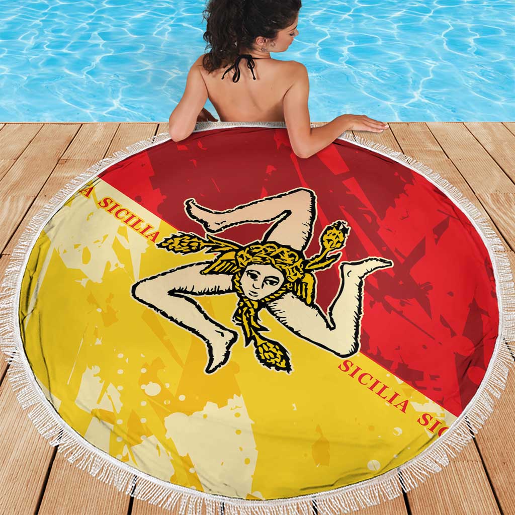 Round Sicilian flag beach blanket, yellow and red center graphic with white fringe border