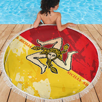Round Sicilian flag beach blanket, yellow and red center graphic with white fringe border