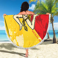 Round Sicilian flag beach blanket with yellow and red halves and white tassel fringe