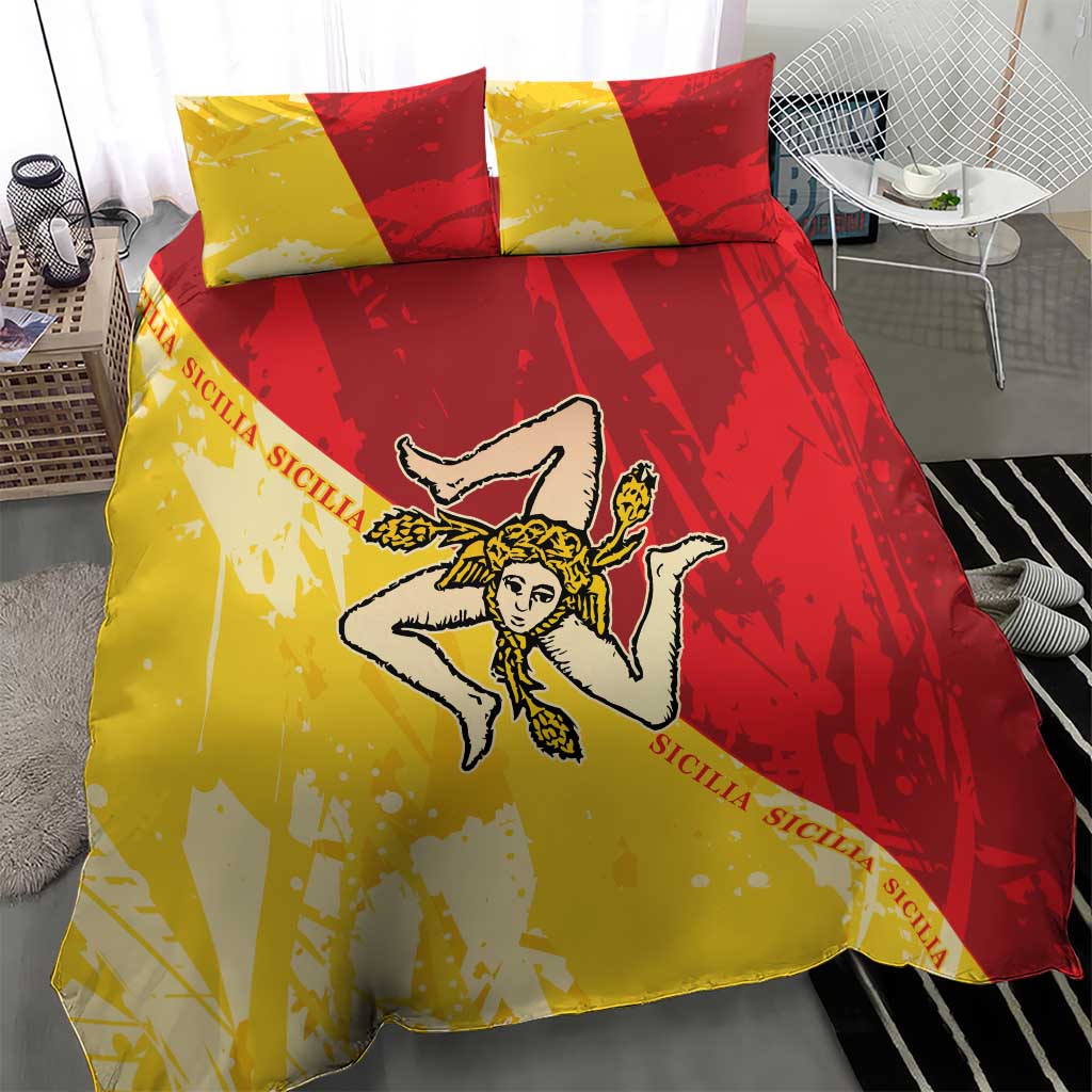 La Bandiera Sicilia bedding set with yellow-and-red emblem print and striped text accents