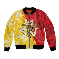 Unisex bomber jacket with red and yellow graphic, front zip and ribbed cuffs