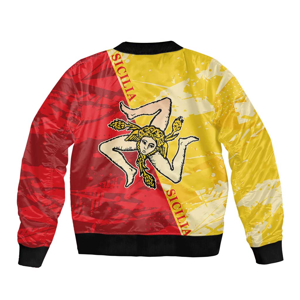Unisex bomber jacket showing red-and-yellow Sicilian angel graphic, ribbed hem and cuffs