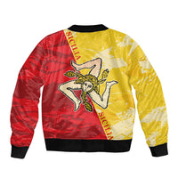 Unisex bomber jacket showing red-and-yellow Sicilian angel graphic, ribbed hem and cuffs