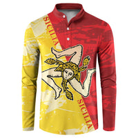 Color-block button sweatshirt with Sicilian crest graphic, long sleeves, red and gold