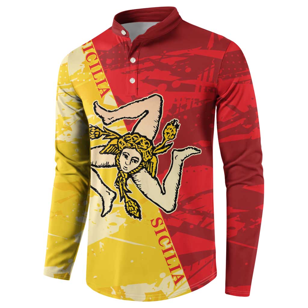 Sicilian graphic button sweatshirt, long sleeves, red and yellow color-block design