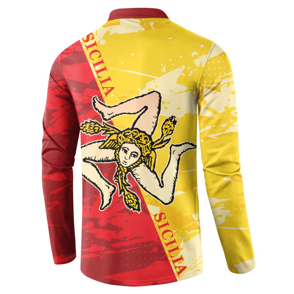 Back view button sweatshirt with Sicilian crest and ribbon graphic, red and gold