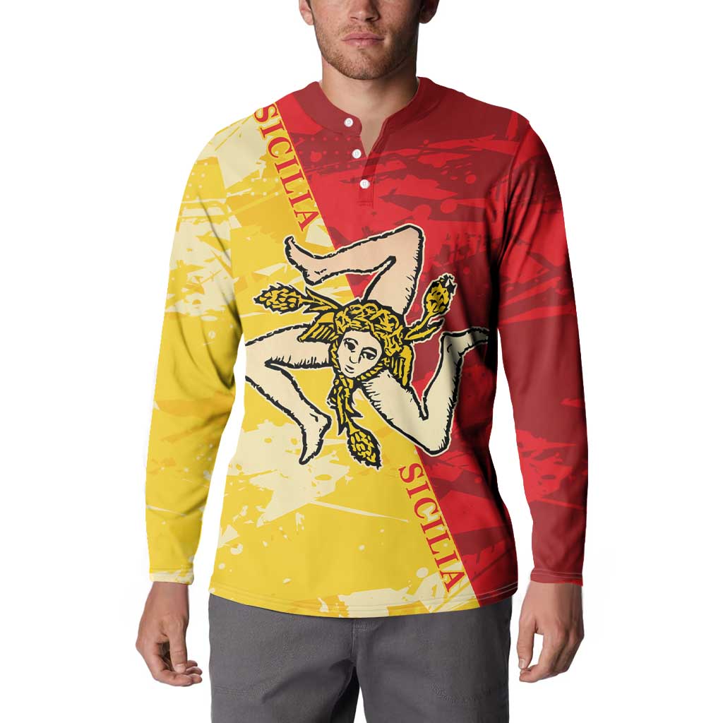 Front button sweatshirt with Sicilian crest artwork, long sleeves, red and gold