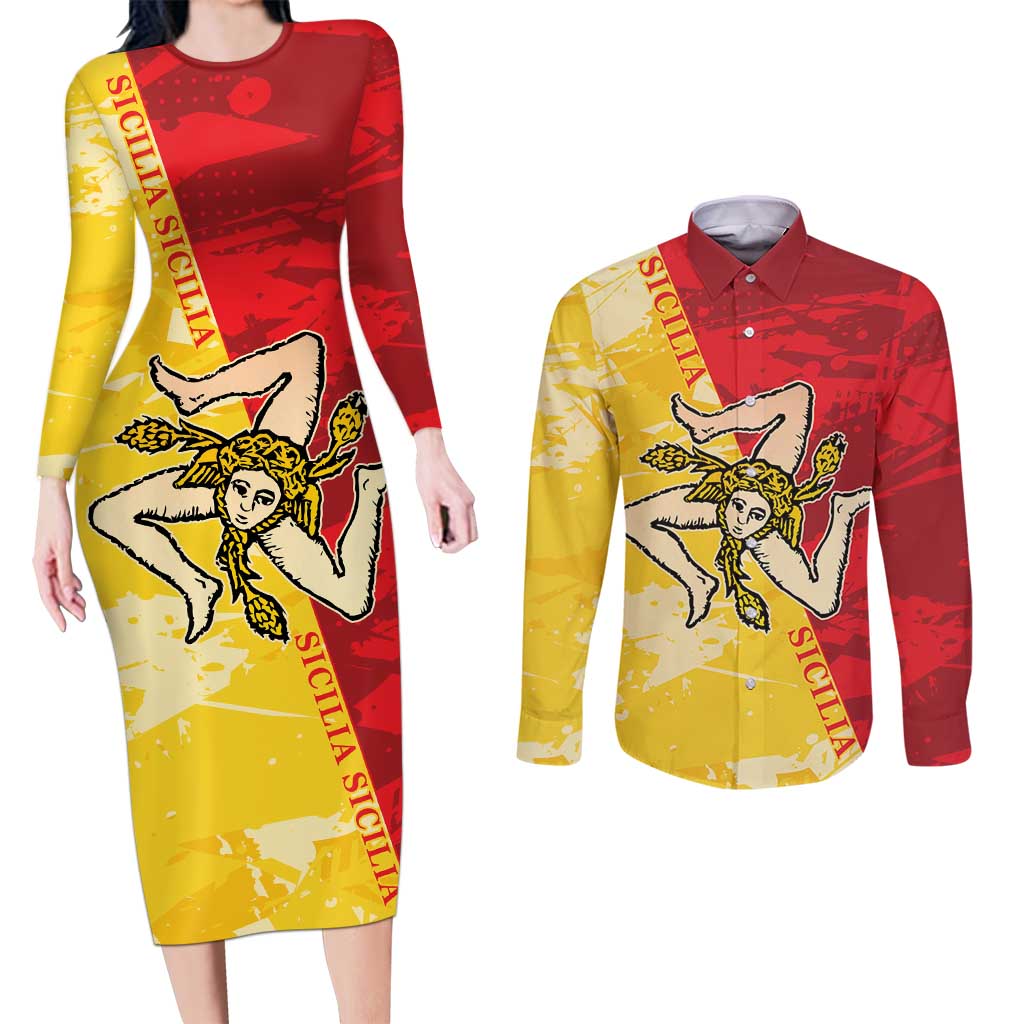 La Bandiera Regione Siciliana Couples Matching Long Sleeve Bodycon Dress and Long Sleeve Button Shirt LT9 - Wonder Print Shop