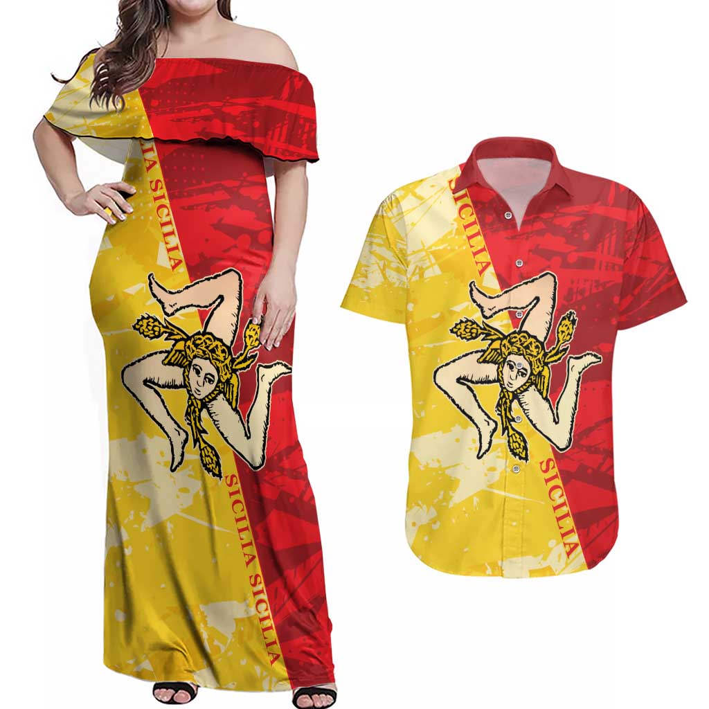 La Bandiera Regione Siciliana Couples Matching Off Shoulder Maxi Dress and Hawaiian Shirt LT9 - Wonder Print Shop