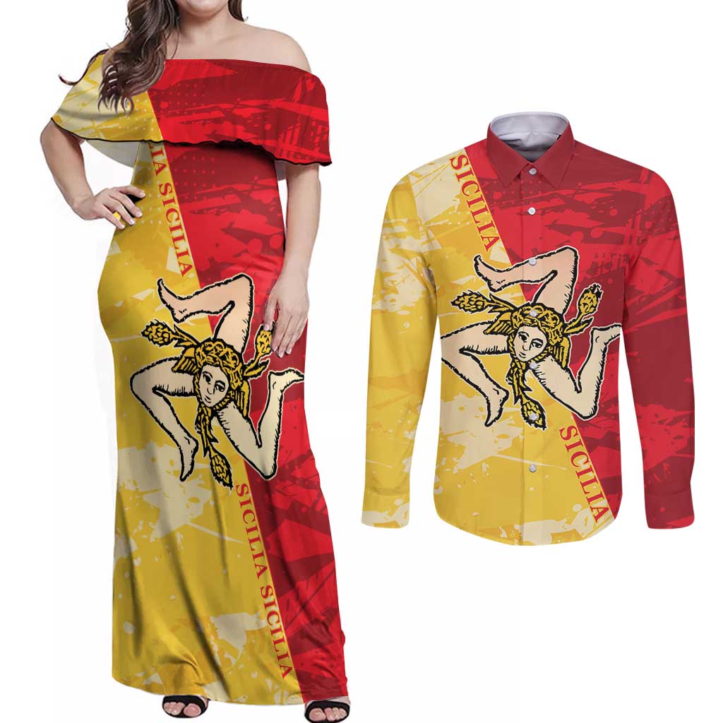 La Bandiera Regione Siciliana Couples Matching Off Shoulder Maxi Dress and Long Sleeve Button Shirt LT9 - Wonder Print Shop