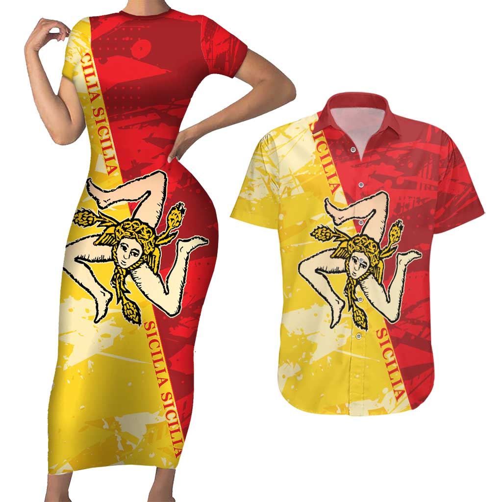 La Bandiera Regione Siciliana Couples Matching Short Sleeve Bodycon Dress and Hawaiian Shirt LT9 - Wonder Print Shop