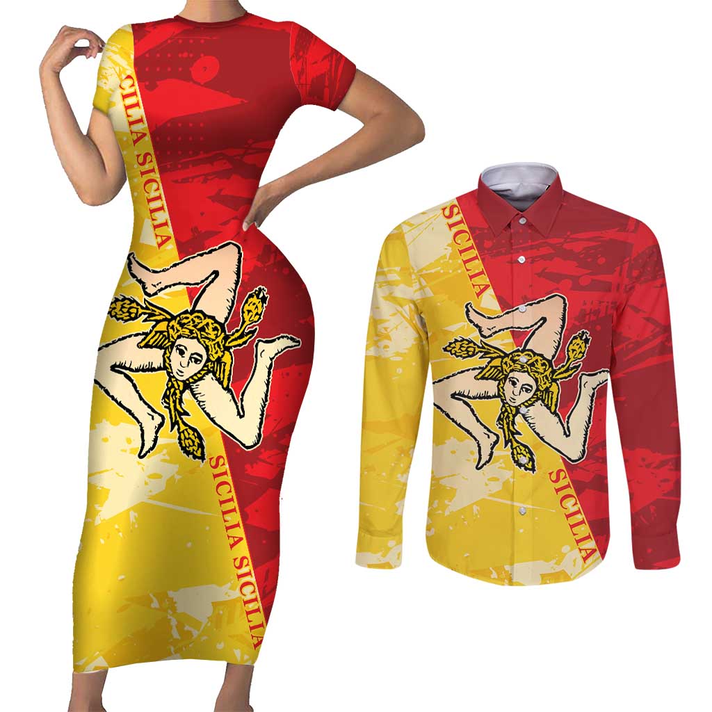 La Bandiera Regione Siciliana Couples Matching Short Sleeve Bodycon Dress and Long Sleeve Button Shirt LT9 - Wonder Print Shop