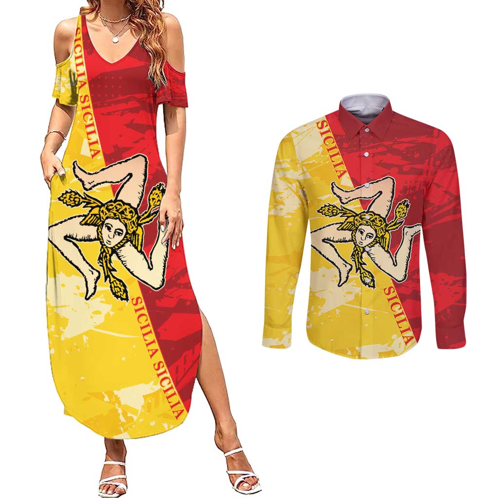 La Bandiera Regione Siciliana Couples Matching Summer Maxi Dress and Long Sleeve Button Shirt LT9 - Wonder Print Shop