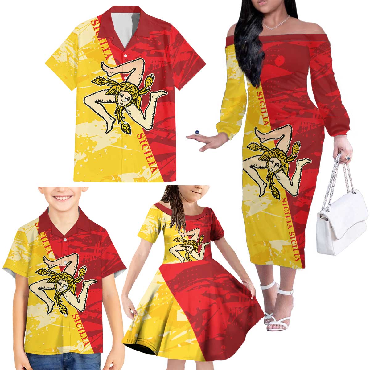 La Bandiera Regione Siciliana Family Matching Off The Shoulder Long Sleeve Dress and Hawaiian Shirt - Wonder Print Shop