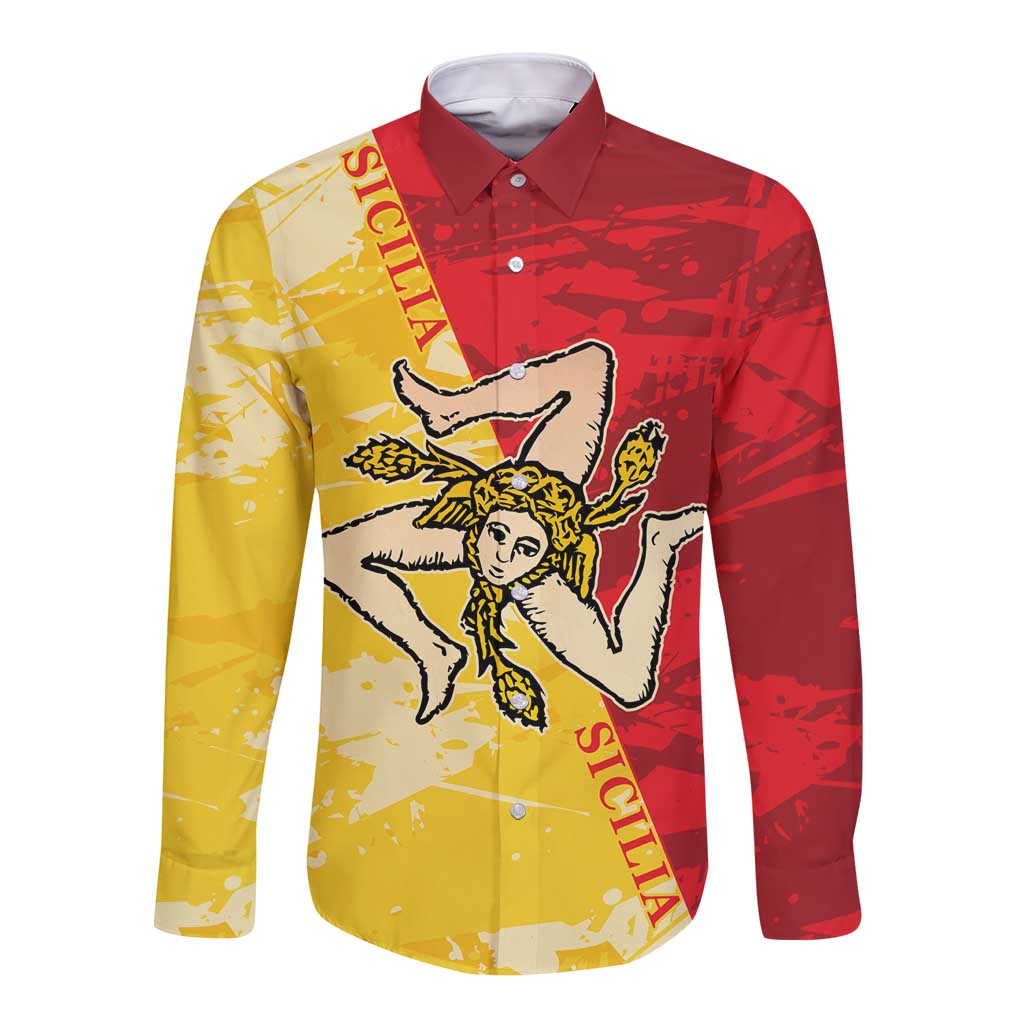 Long-sleeve button shirt with red-and-gold Sicilian crest print, front view